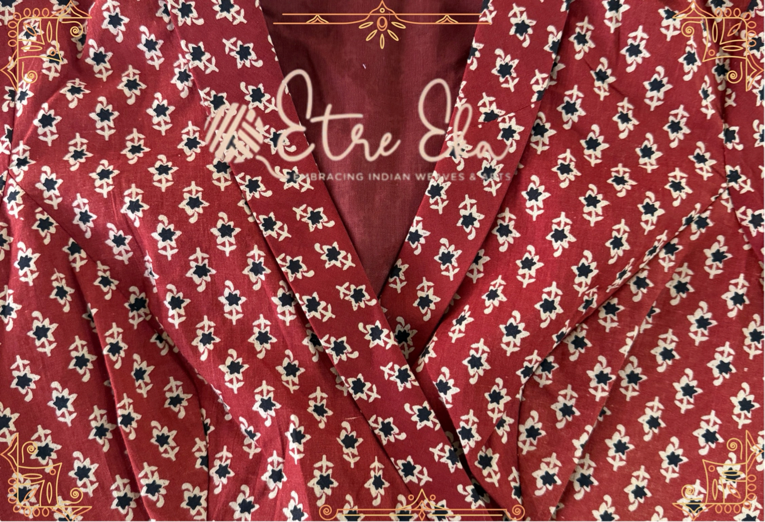 Red Ajrakh Block Print collar neck Cotton Saree Blouse