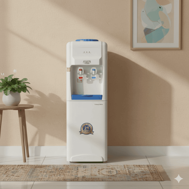 Compact Atlantis Blue water cooler featuring separate hot and cold water outlets.