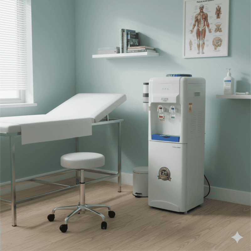 Professional Atlantis Blue top-loading water dispenser standing against a neutral office wall.