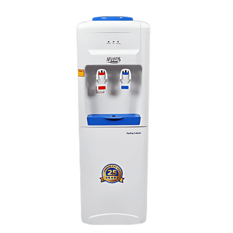 Atlantis Blue energy-efficient water cooler with hot and cold dispensing taps and sleek blue finish.