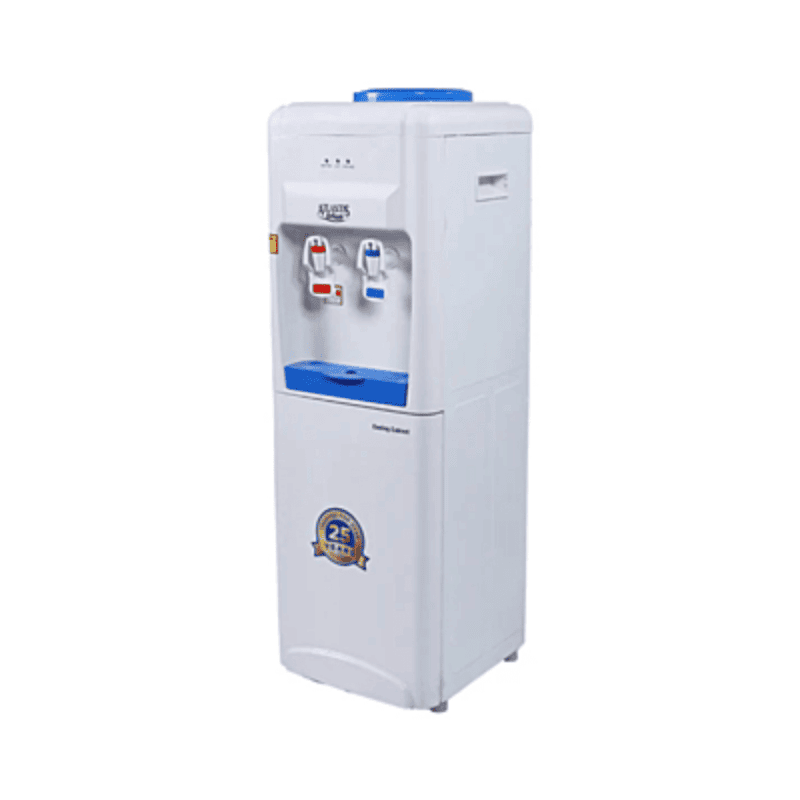 Atlantis Blue floor standing water dispenser with hot and cold faucets in a modern office.