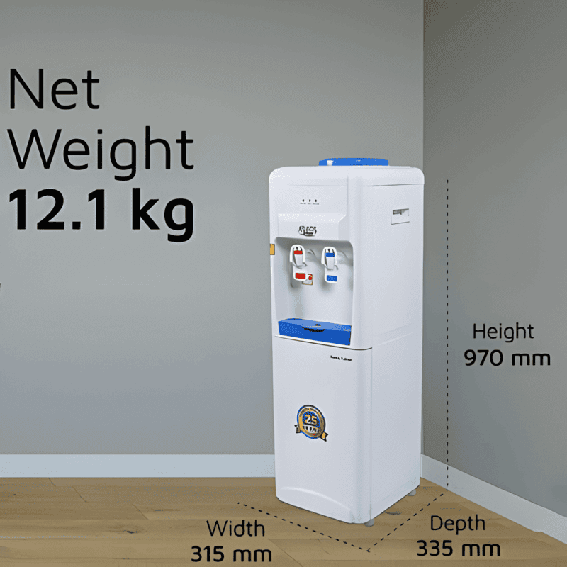 Minimalist Atlantis Blue bottled water cooler featuring a high-gloss blue finish and dual faucets.