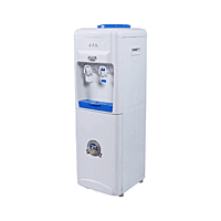 Vertical blue water dispenser for office or home hydration needs.