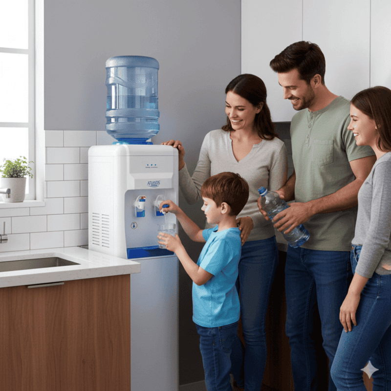 Freestanding bottled water dispenser in a modern blue finish.