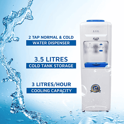 Blue Atlantis water dispenser with manual push taps for cold water. Blue Atlantis water dispenser with manual push taps for cold water.
