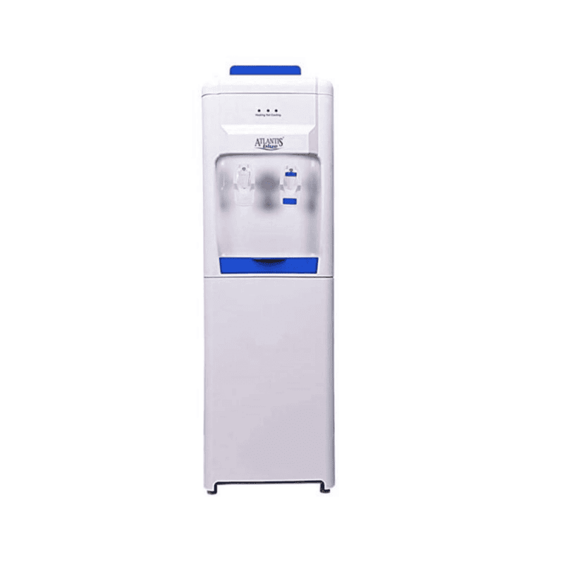 Atlantis brand upright water dispenser providing ambient and chilled water.