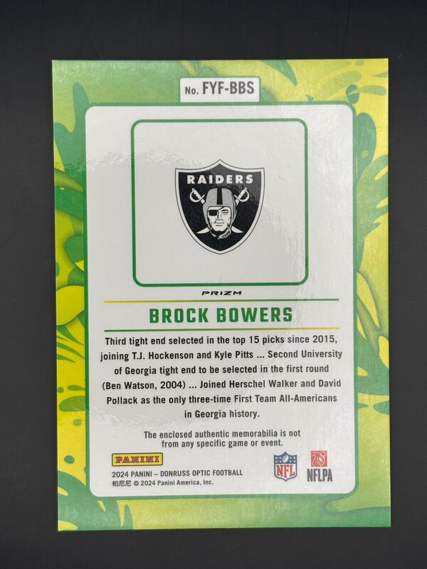 Brock Bowers First Year Fresh Blue/Green Patch RC Raiders Brock Bowers First Year Fresh Blue/Green Patch RC Raiders
