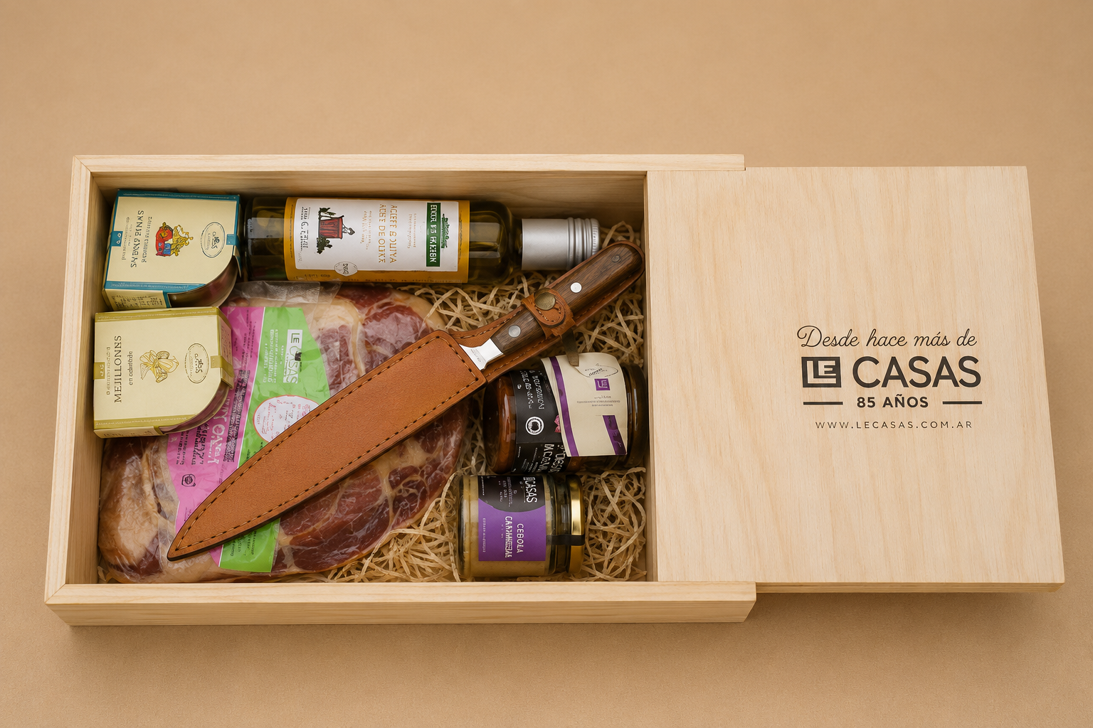 Box Gourmet con cuchillo jamonero y pata de jamón crudo para Casasco