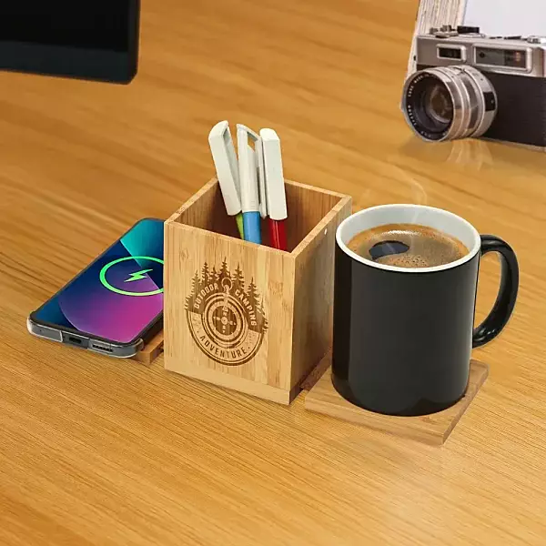 Foldable Fast Wireless Charging Pad 15W with Mug Warmer & Pen Holder