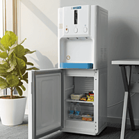 Durable Blue Star water cooler with integrated small refrigerator.