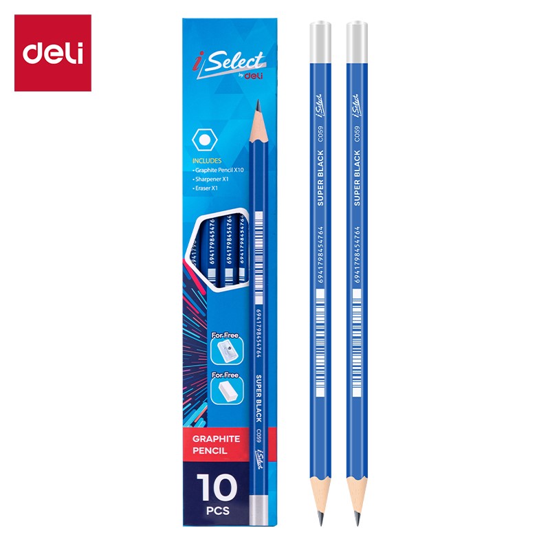 DELI C059 GRAPHITE HB PENCILS 10/PKT/ERASER/SHARPENER