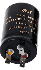 32uF+32uF, 500V Dual Radial Electrolytic Capacitor 32uF+32uF, 500V Dual Radial Electrolytic Capacitor