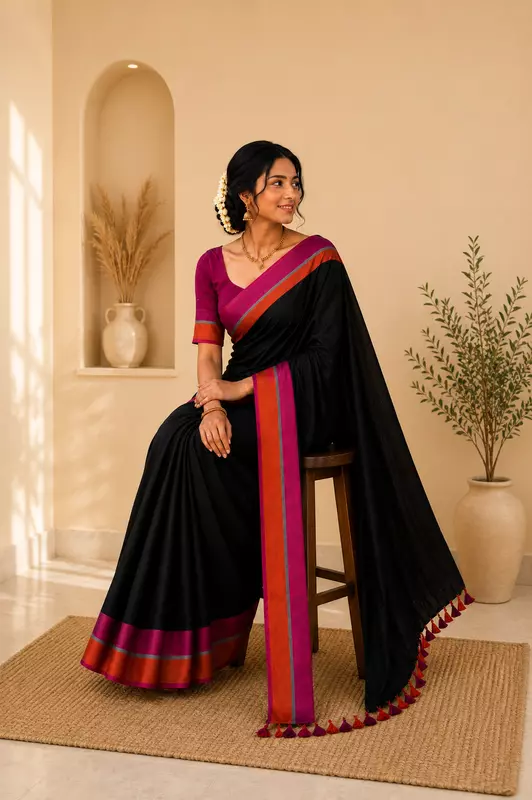 Mul cotton without Blouse Black with Pink and orange
