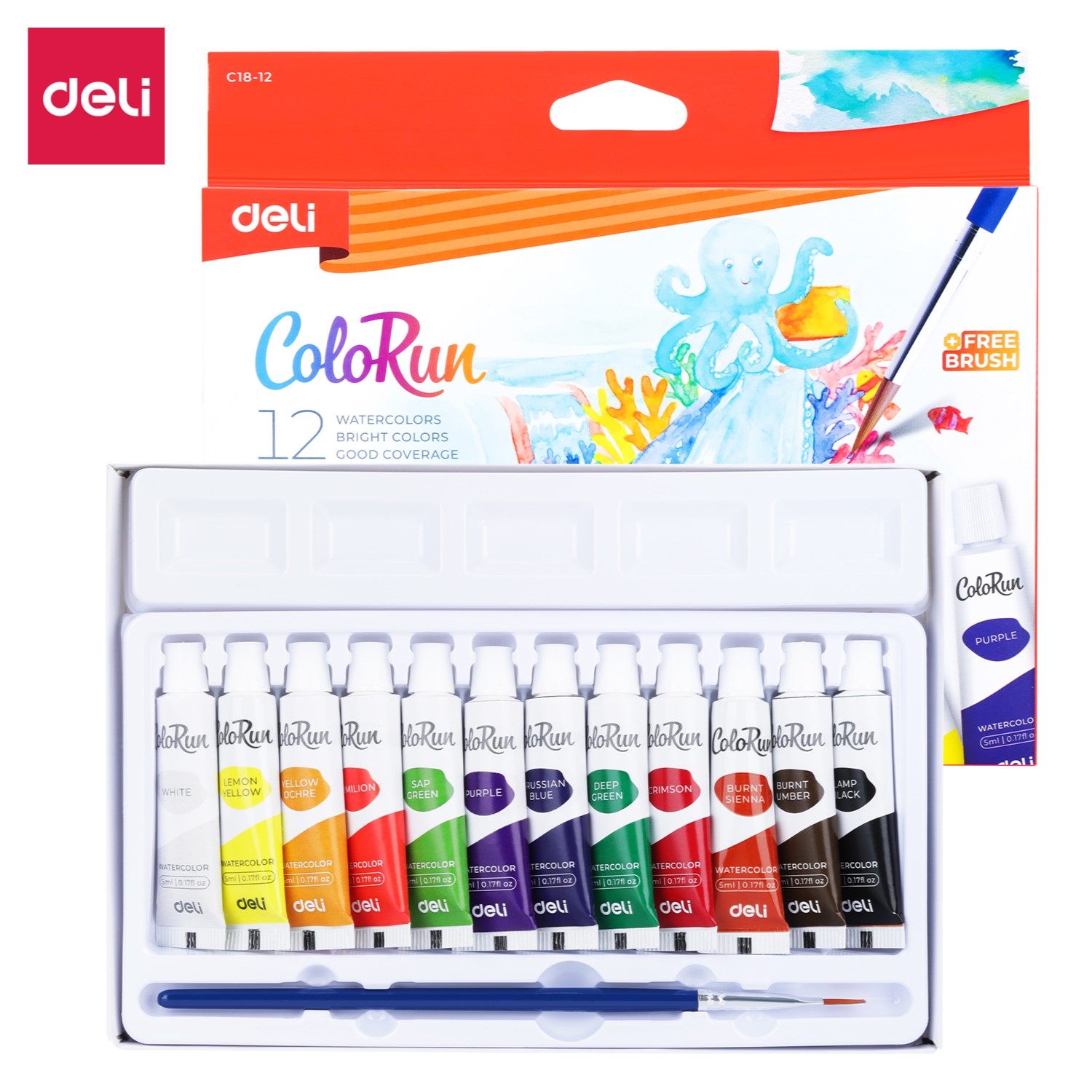 DELI C18-12 WATERCOLOR 5ML/TUBE 12COLORS/BRUSH