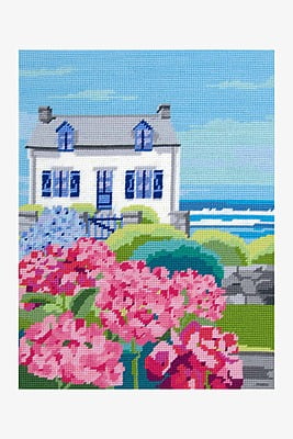 DMC - Tela per mezzopunto prestampata - Casa con giardino e Ortensie DMC - Tela per mezzopunto prestampata - Casa con giardino e Ortensie