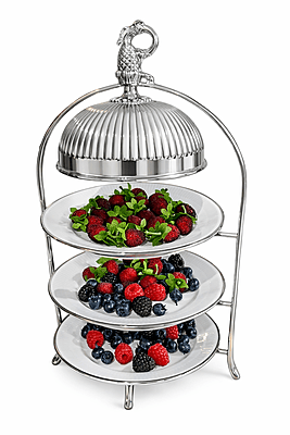 3 Tier cake stand with removable fluted dome Silver Plate. SKU #: C3900