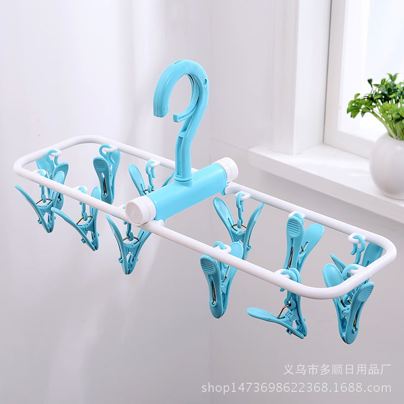 MULTIFUNCTIOMING PLASTIC FOLDING HANGER WITH 12 CLIPS FOR SOCKS, CLOTHES & UNDERWEARS DRYING CLIPS