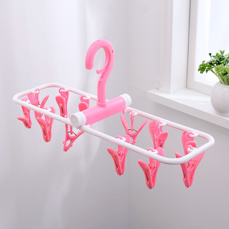 MULTIFUNCTIOMING PLASTIC FOLDING HANGER WITH 12 CLIPS FOR SOCKS, CLOTHES & UNDERWEARS  DRYING CLIPS