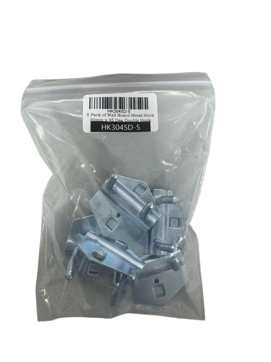 Wall Board Metal Hook, 30mm 45°, Double Hook, 5-Pack | HK3045D-5