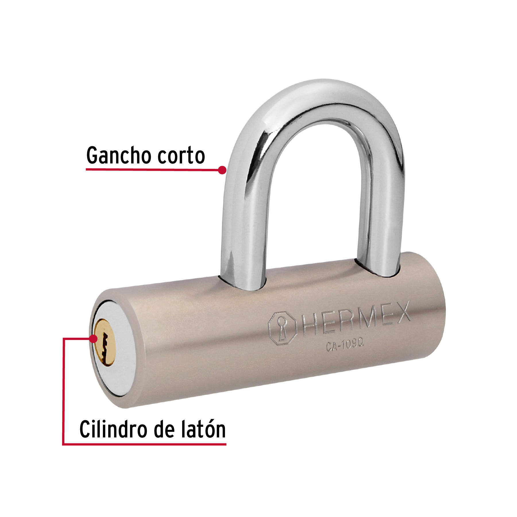 Candado de acero, 109mm, gancho corto, llave de puntos - CA-109Q / 43365