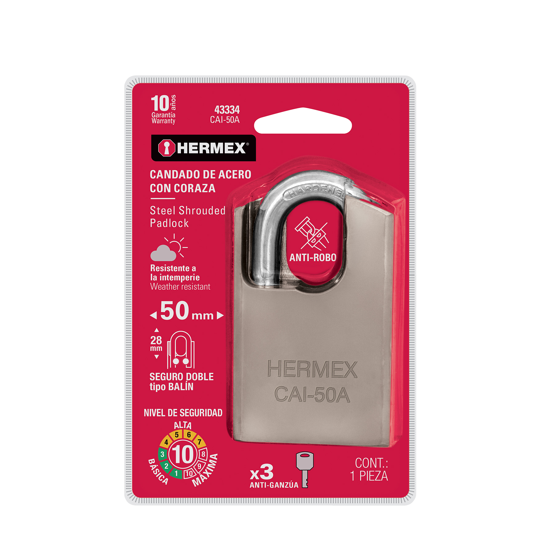 Candado de acero, máxima seguridad, 50mm, llave anti-ganzúa - CAI-50A / 43334