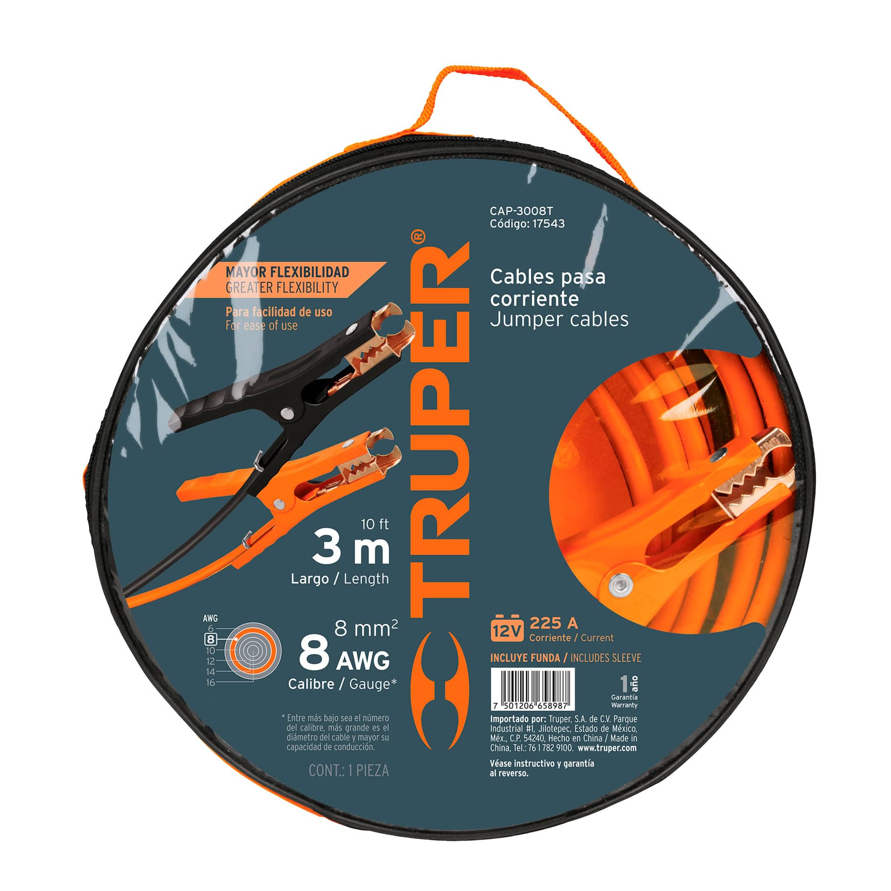 Cables pasa corriente 3 m, 225 A, 8 AWG, con funda, Truper - 17543 - CAP-3008T - Caja con 2 Pieza – Master 10