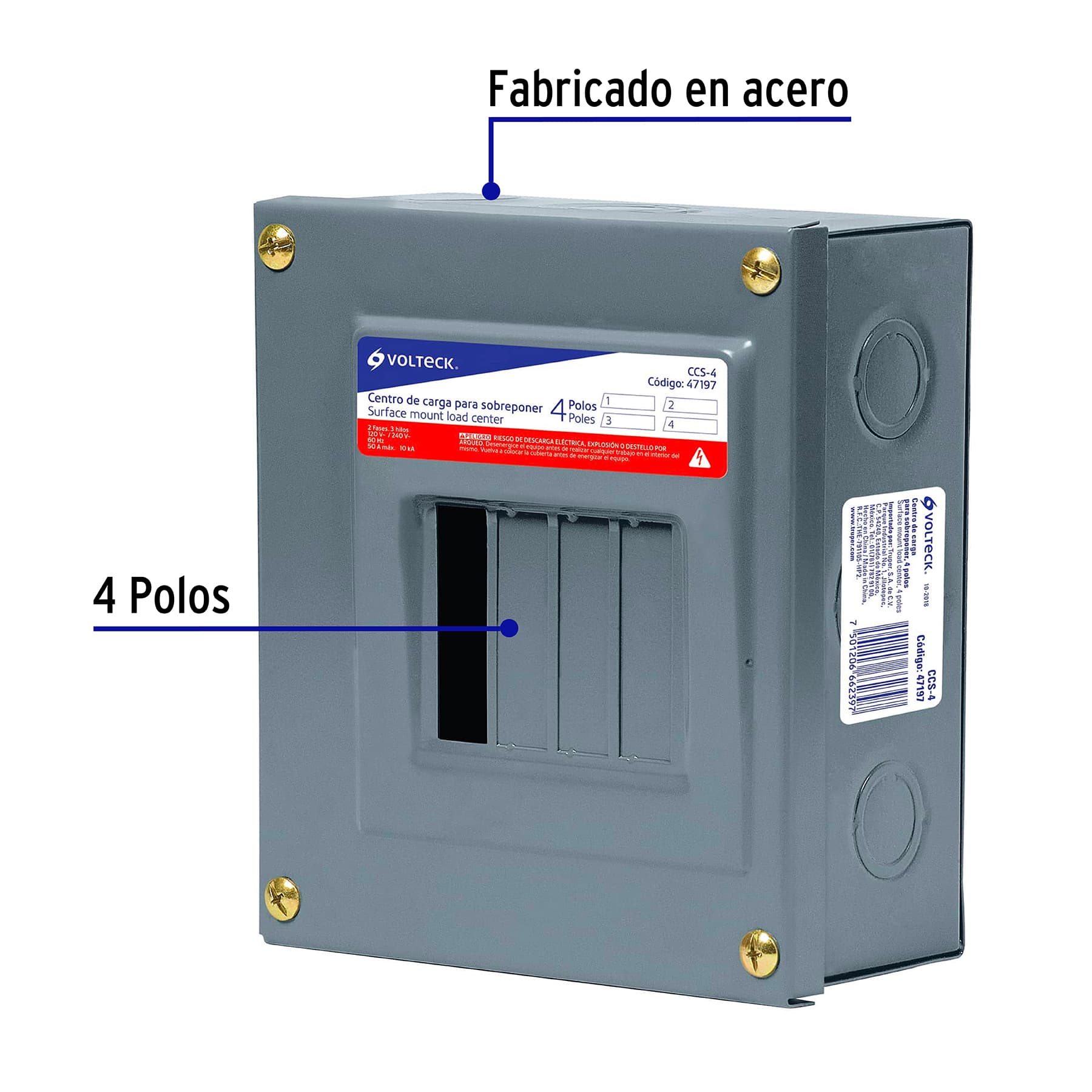 Centro de carga de sobreponer, 4 polos, Volteck - CCS-4 / 47197