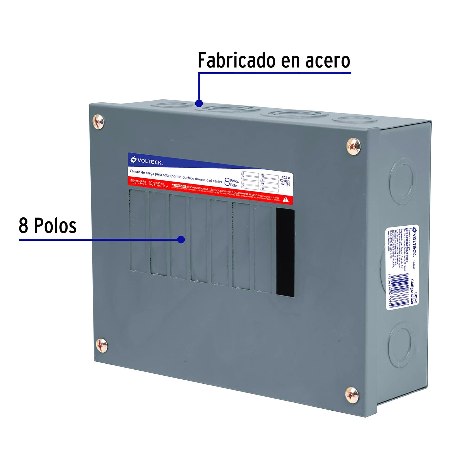 Centro de carga de sobreponer, 8 polos, Volteck - CCS-8 / 47334