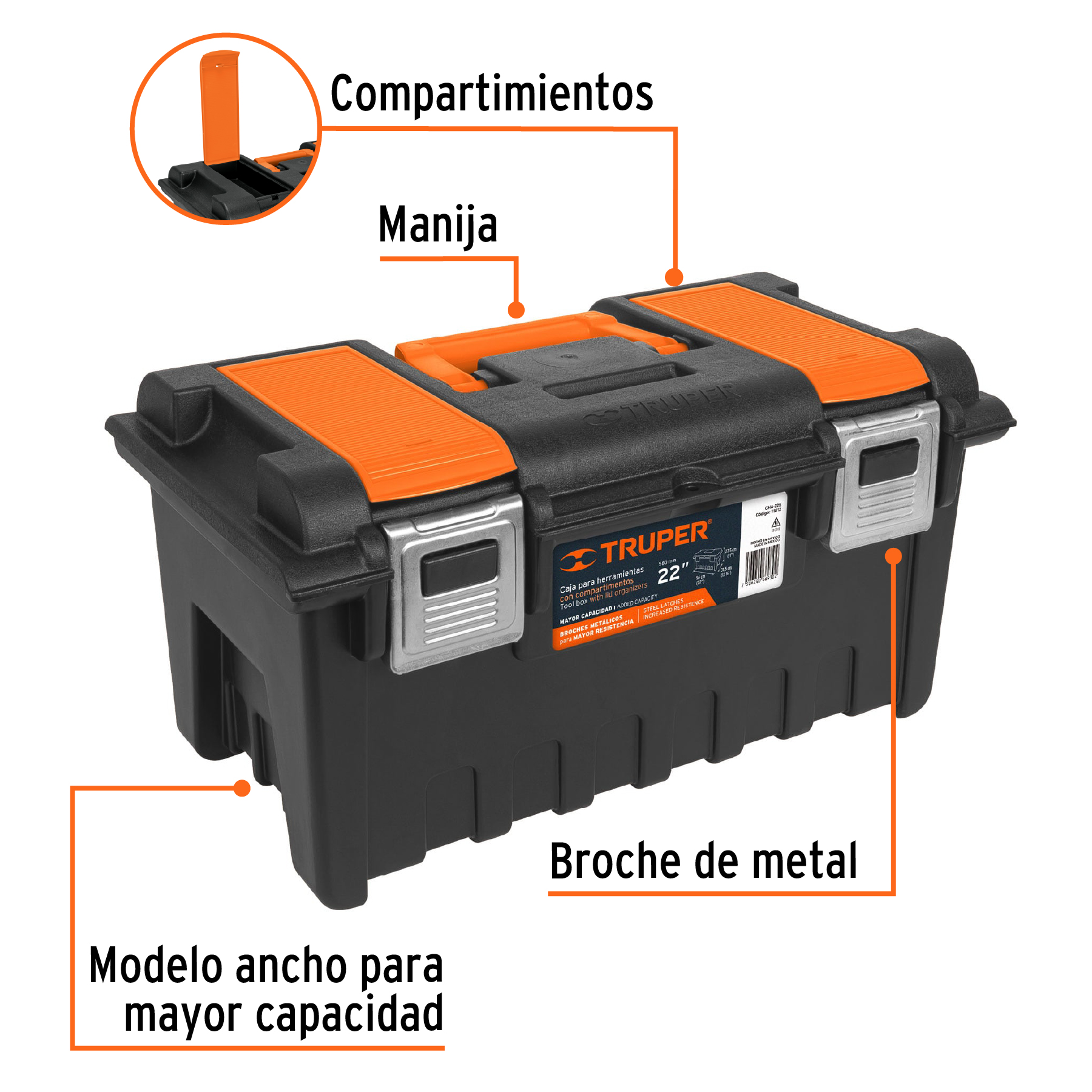 Caja Plastica 22' C/Compartimentos, Naranja, Broche Metalico - Cha-22S