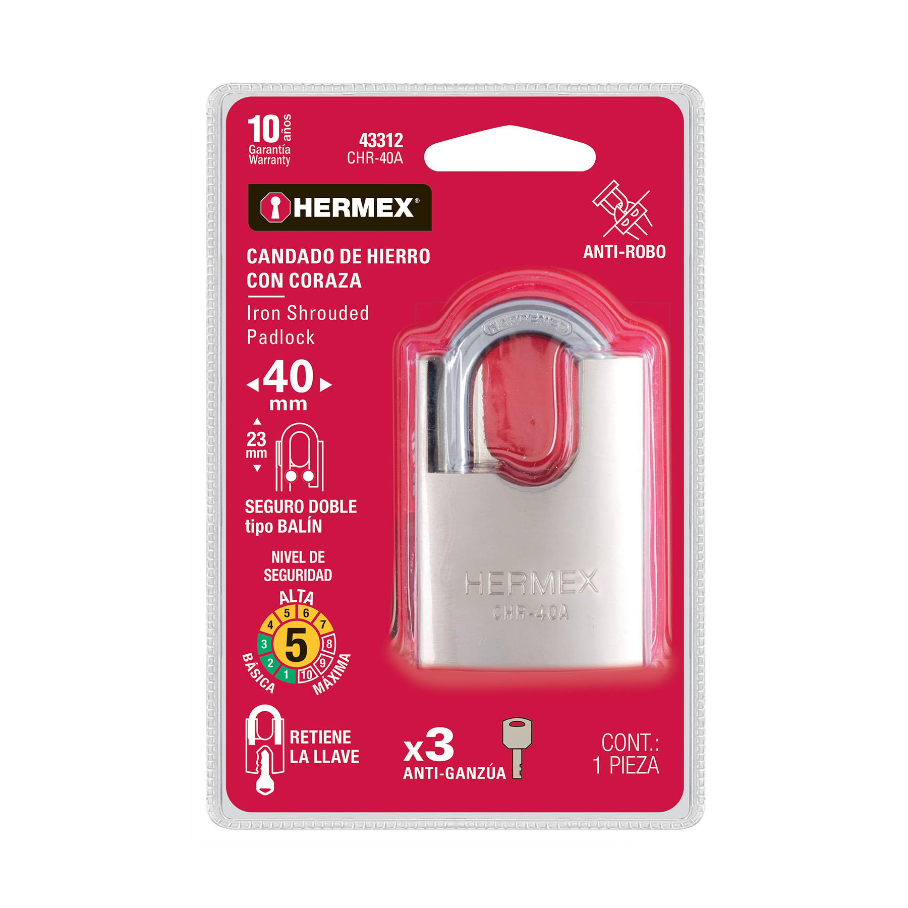 Candado de hierro con coraza, 40mm, llave anti-ganzúa - CHR-40A / 43312