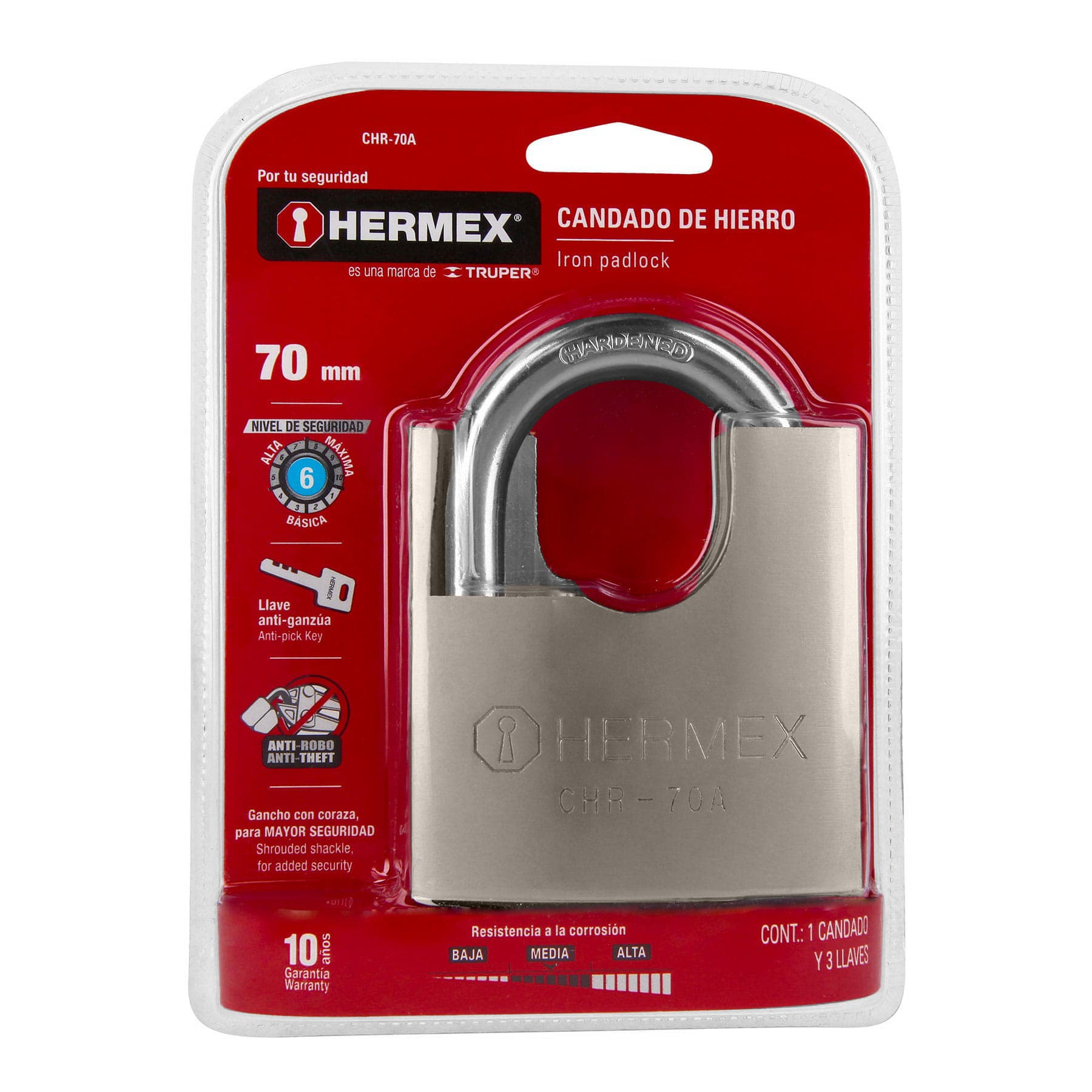 Candado de hierro con coraza, 70 mm, llave anti-ganzúa - CHR-70A / 43003