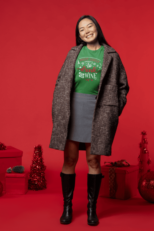 Most Likely to Drink All the Wine – Funny Christmas T-Shirt (Bella+Canvas)