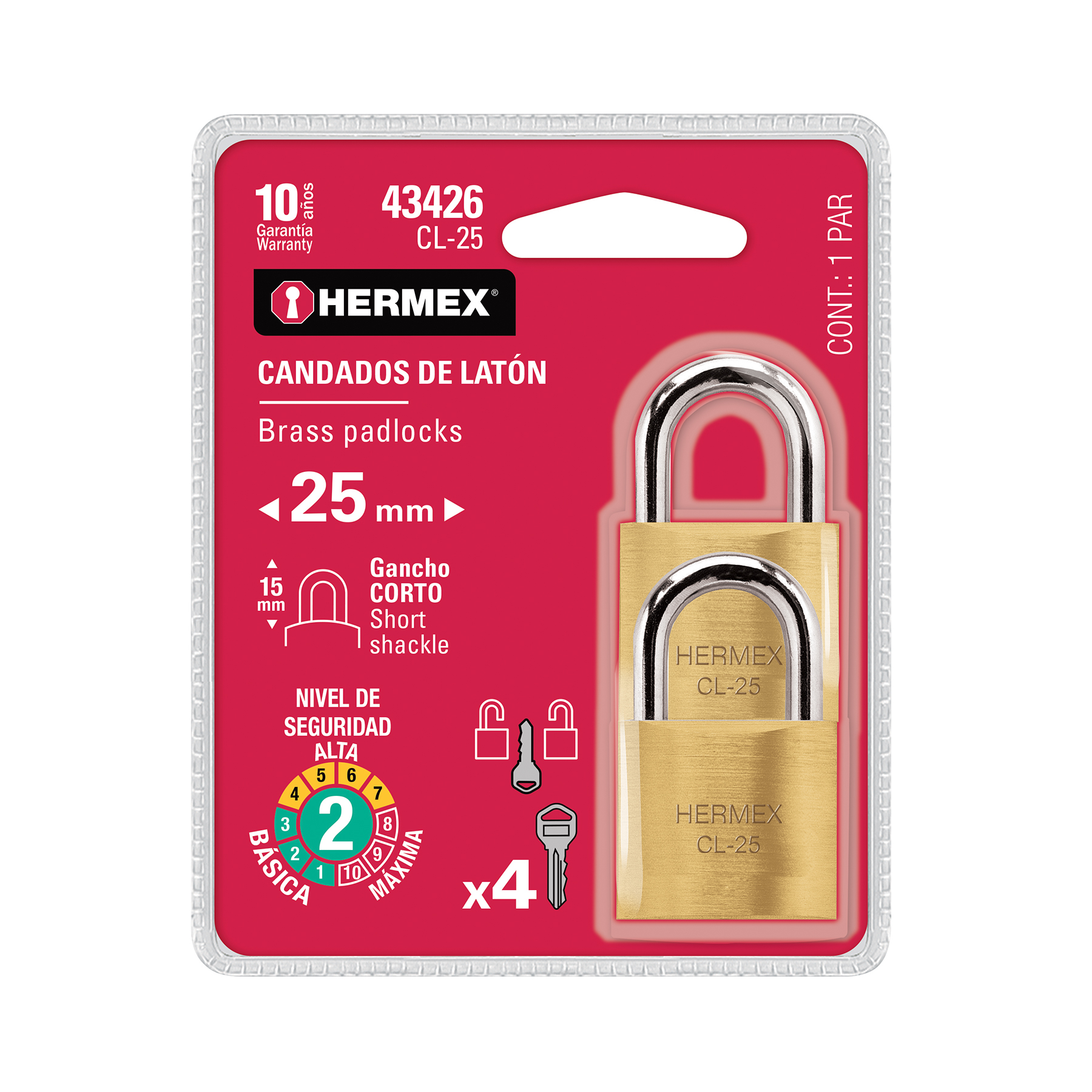 Blíster con 2 candados de latón de 25mm con gancho corto - CL-25 / 43426