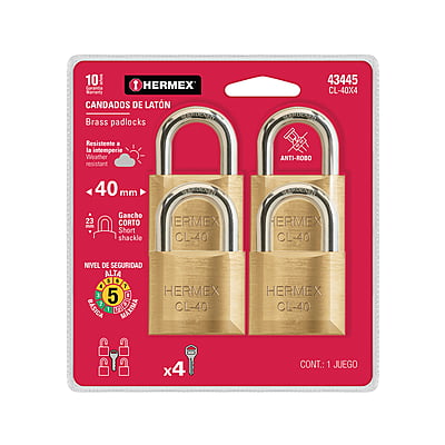 Blíster con 4 candados de latón de 40mm con gancho corto - CL-40X4 / 43445