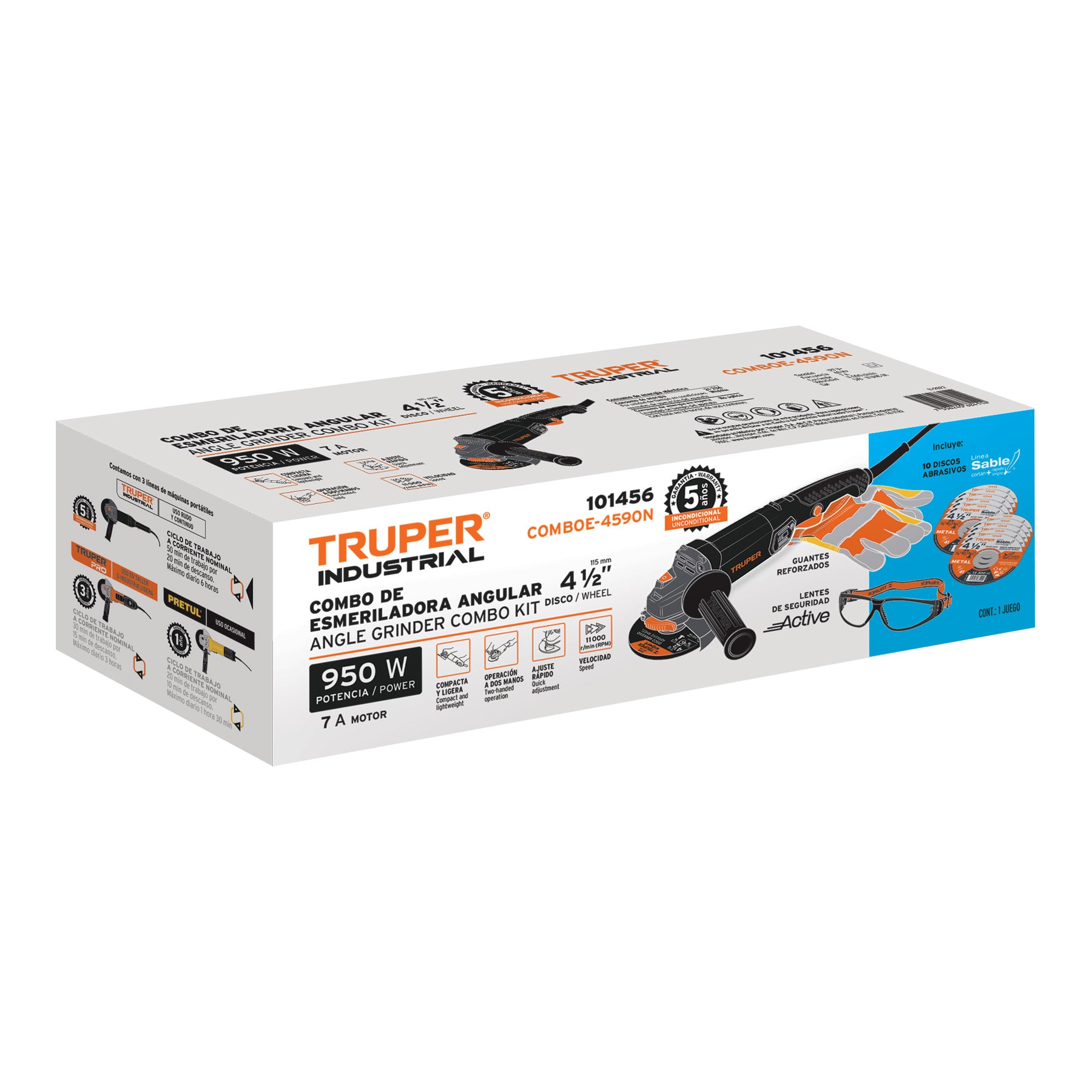 Esmeriladora 4-1/2' 950 W, discos, lentes y guantes, Truper - COMBOE-4590N / 101456
