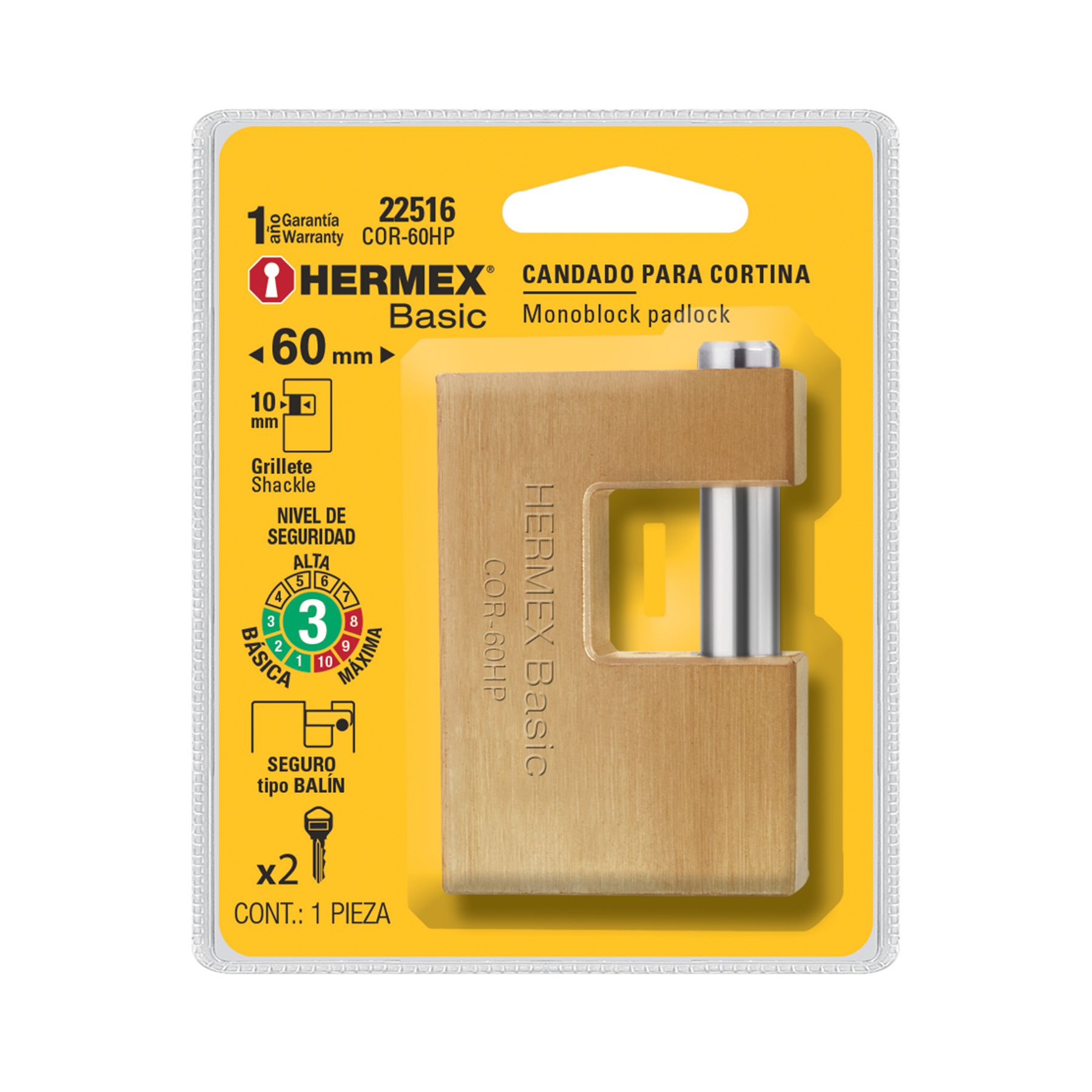 Candado antipalanca, 60mm, cuerpo de hierro, Hermex Basic - COR-60HP / 22516