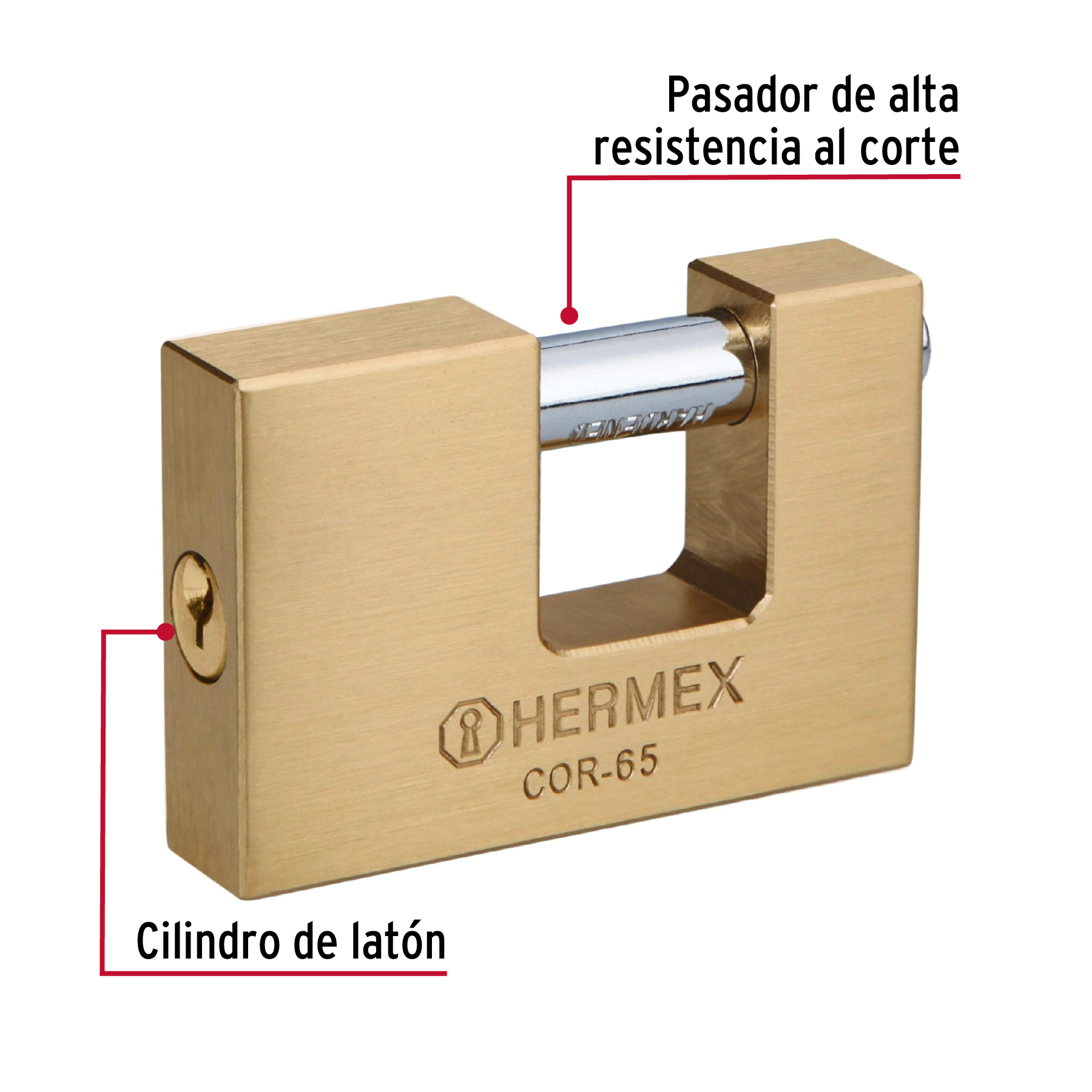 Candado antipalanca, 65mm, cuerpo de latón llave tradicional - COR-65 / 43356