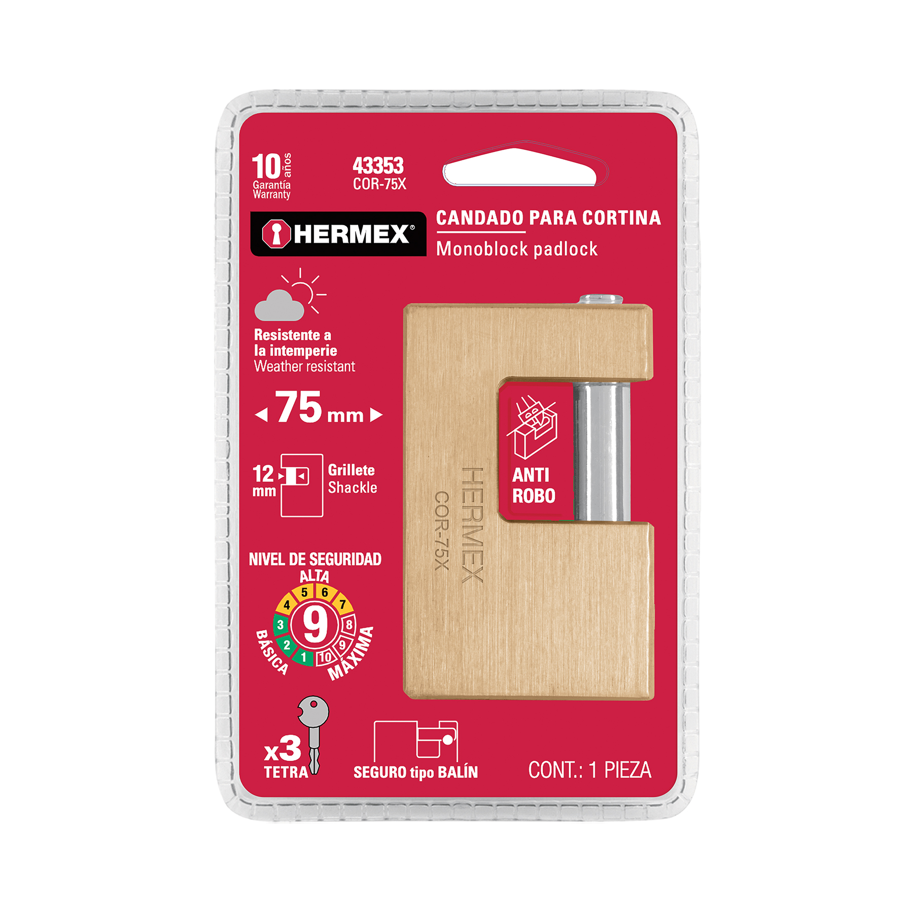 Candado antipalanca, 75mm, cuerpo de latón, llave tetra - COR-75X / 43353