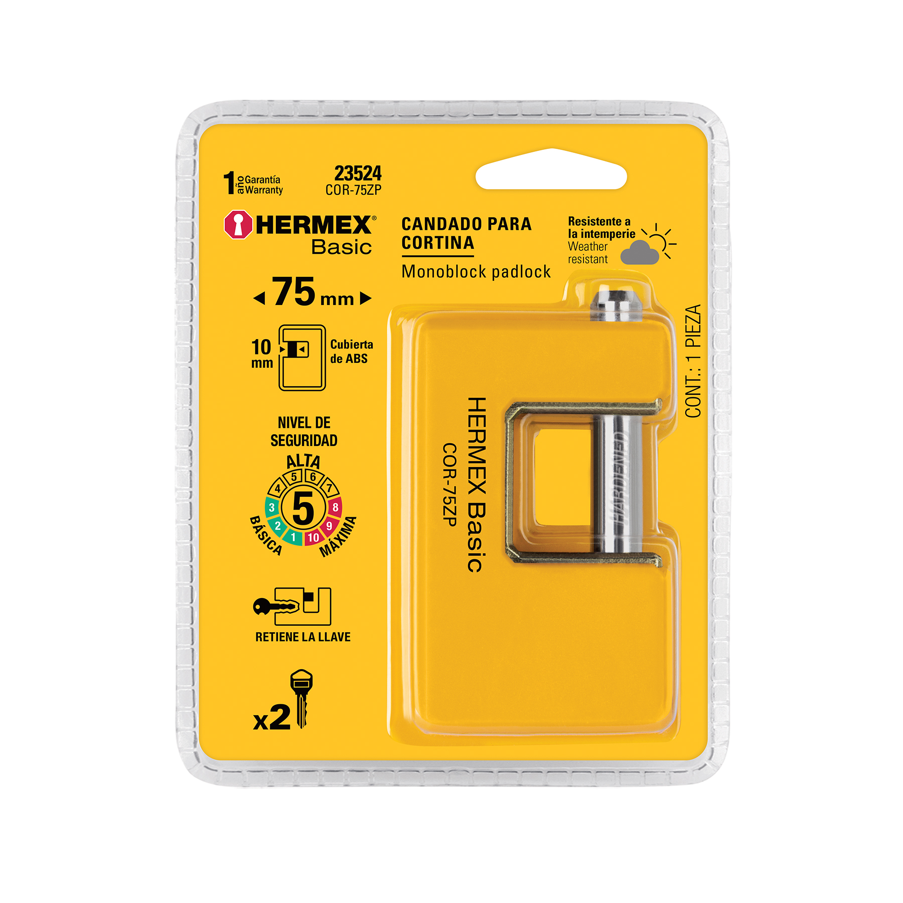 Candado antipalanca, 75mm, cuerpo metálico, Hermex Basic - COR-75ZP / 23524