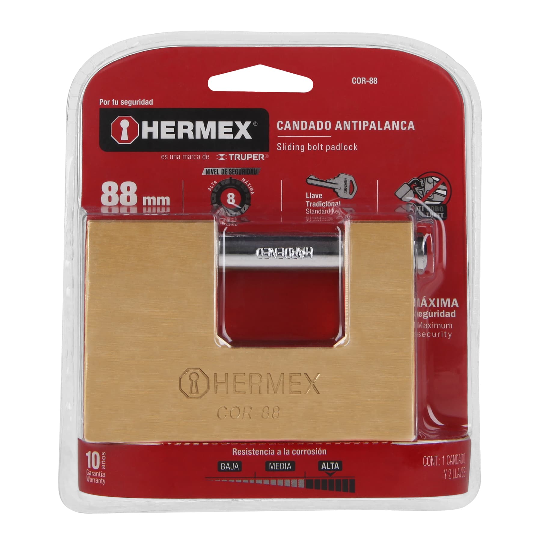 Candado antipalanca, 88mm, cuerpo de latón llave tradicional - COR-88 / 43358
