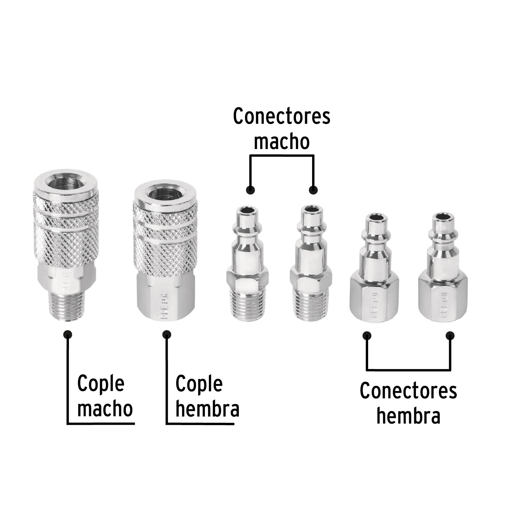 Juego de 4 conectores y 2 coples, compresor de aire, Pretul - CORAL-6P / 27030