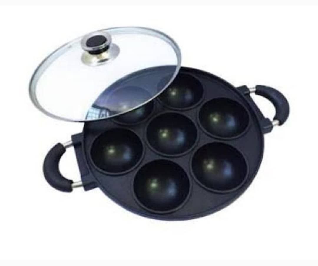 7 HOLES OMELETTE  MOULD PAN MASA PAN WITH COVER PAN BAKE PAN WITH LID , SILICONE SPATULA & BRUSH