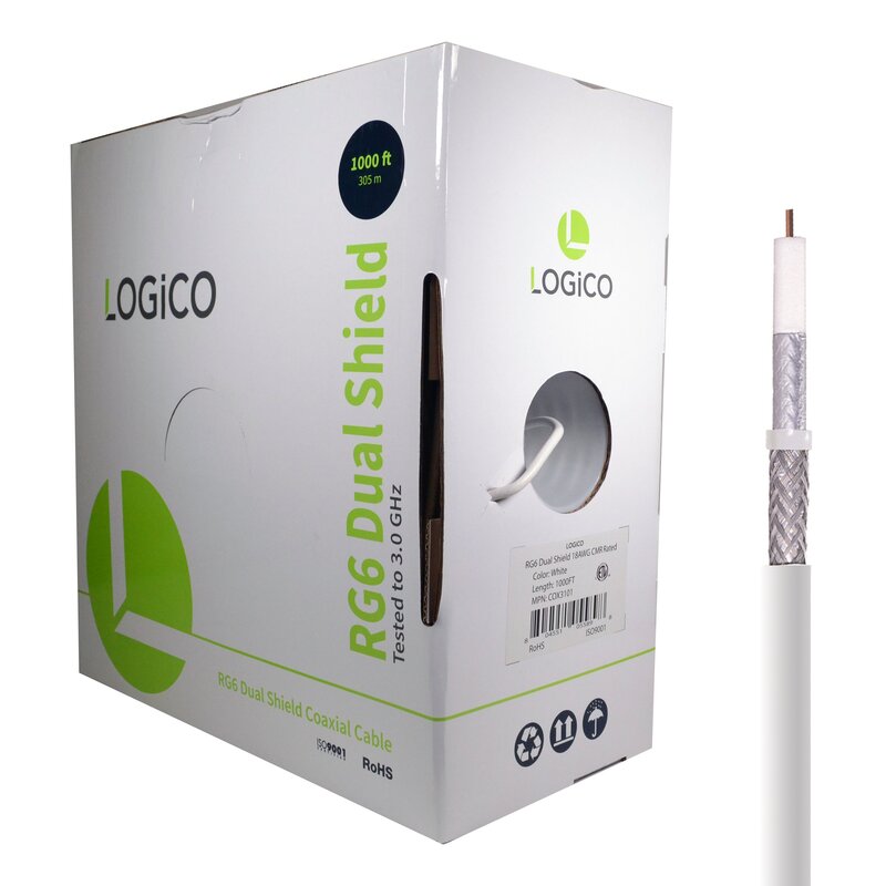 RG6 Cable 60% Dual Shield CMR ETL 18AWG 1000Ft White