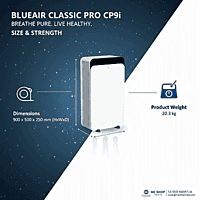 Blueair Classic CP-9i unit standing next to furniture to show size scale. Blueair Classic CP-9i unit standing next to furniture to show size scale.
