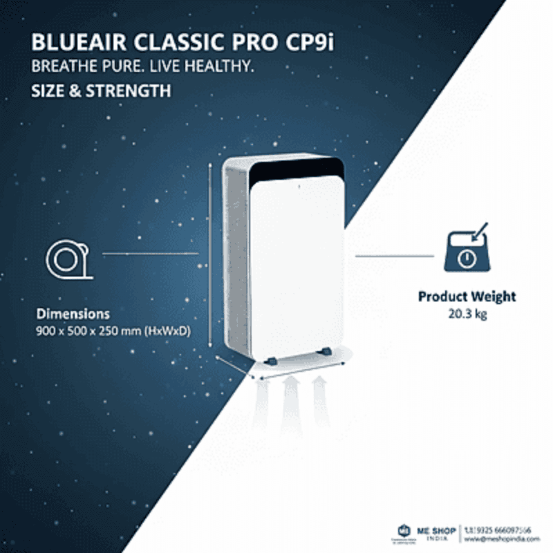 Blueair Classic CP-9i unit standing next to furniture to show size scale.