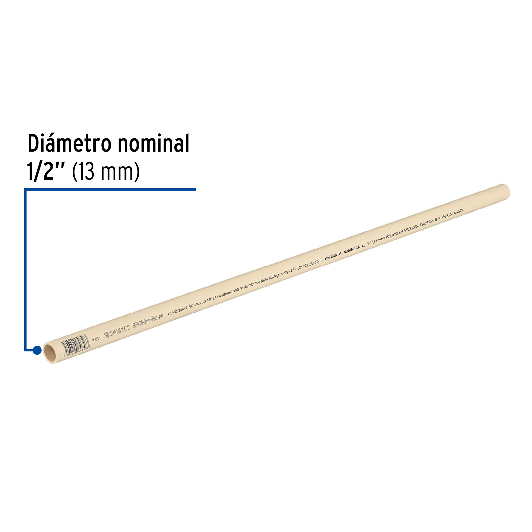 Tubo de 3 m de CPVC de 1/2' hidráulico RD 13.5, Hidroflow - CPVC-001 / 45042
