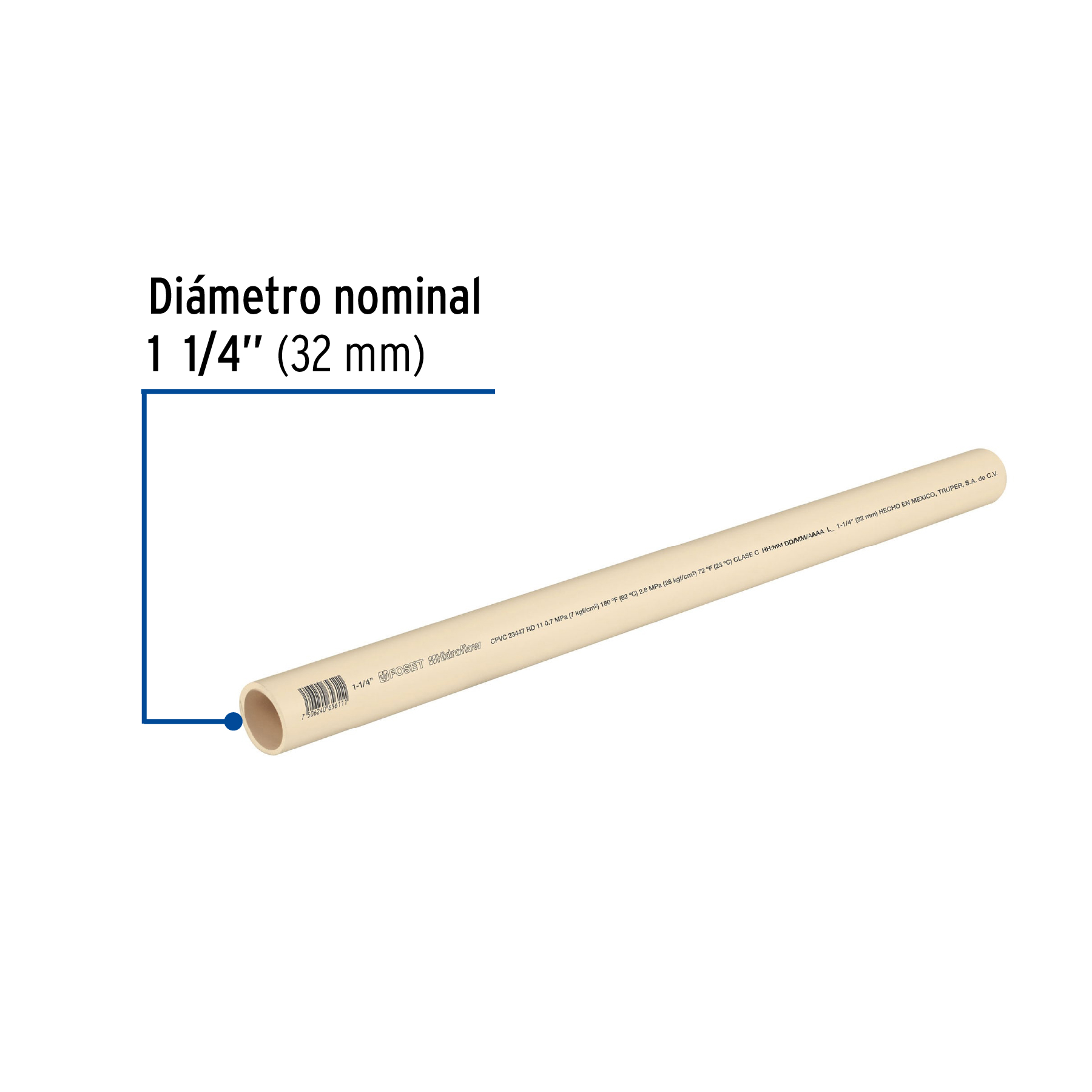 Tubo de 3 m de CPVC de 1-1/4' hidráulico RD 11, Hidroflow - CPVC-004 / 45560