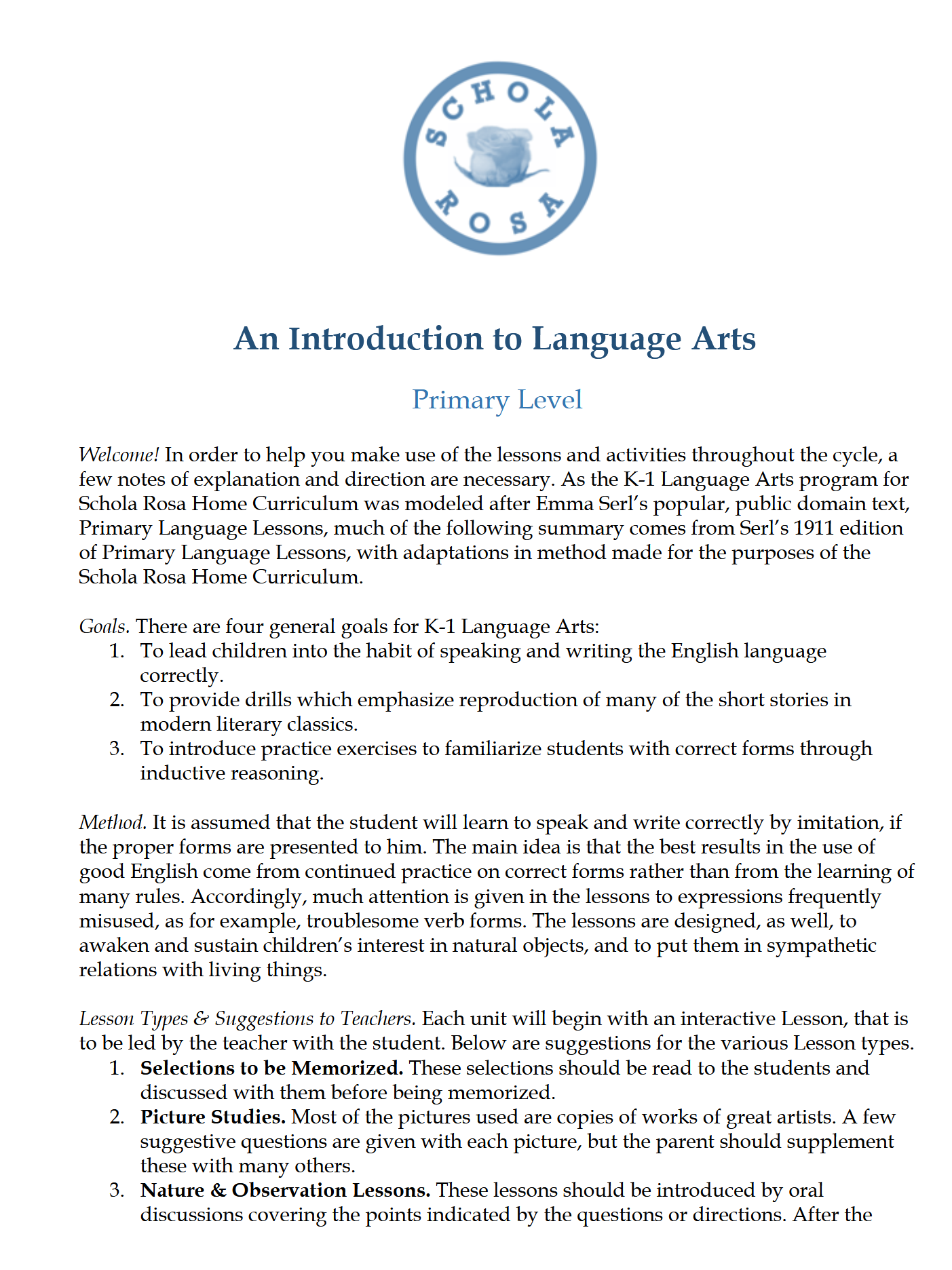 Language Arts K-1: Schola Rosa Cycle 3