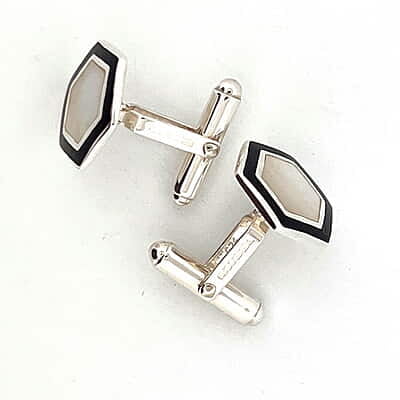 Cufflinks Mother of Pearl & Black Onyx Hexagonal Swivel Design English Sterling Silver. SKU #: CU380. Cufflinks Mother of Pearl & Black Onyx Hexagonal Swivel Design English Sterling Silver. SKU #: CU380.