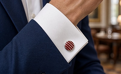 Cufflinks Red Stripes Round Design English Sterling. SKU #: CU396.